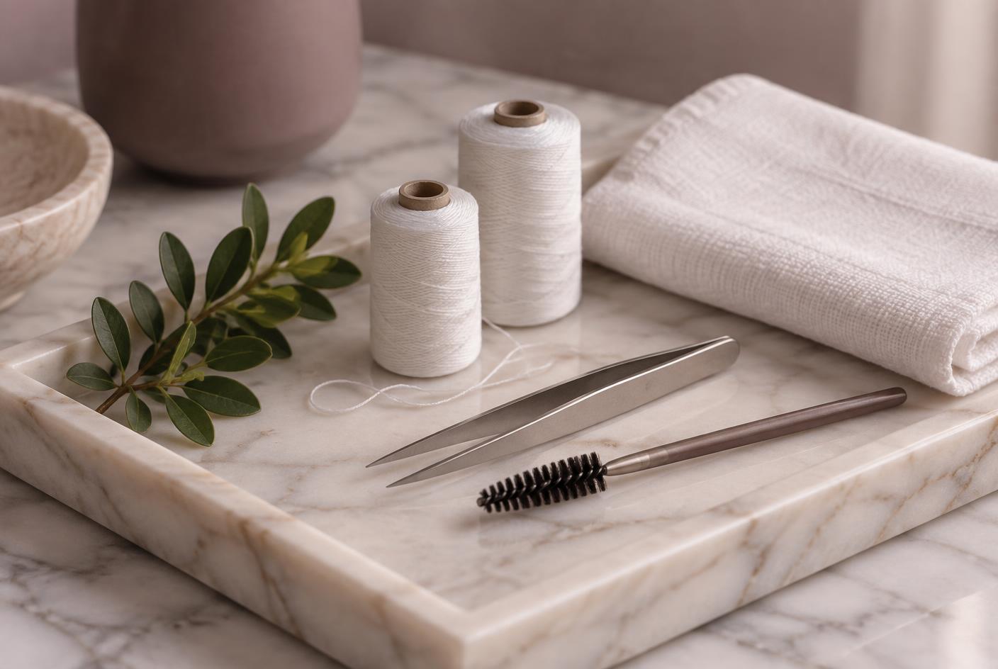 Cotton threading spools, tweezers and a brow brush arranged on a marble tray